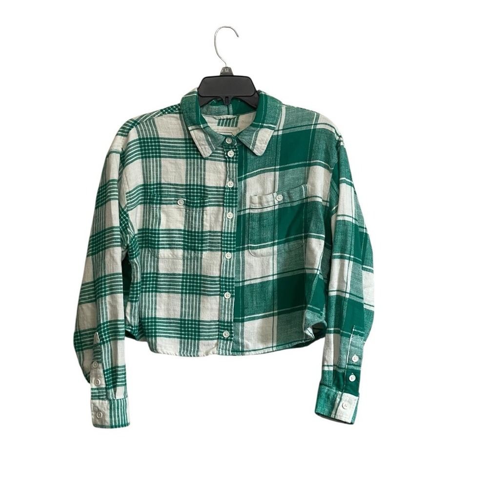American Eagle Small Women's Plaid Cropped Flannel Shirt Green St Patricks